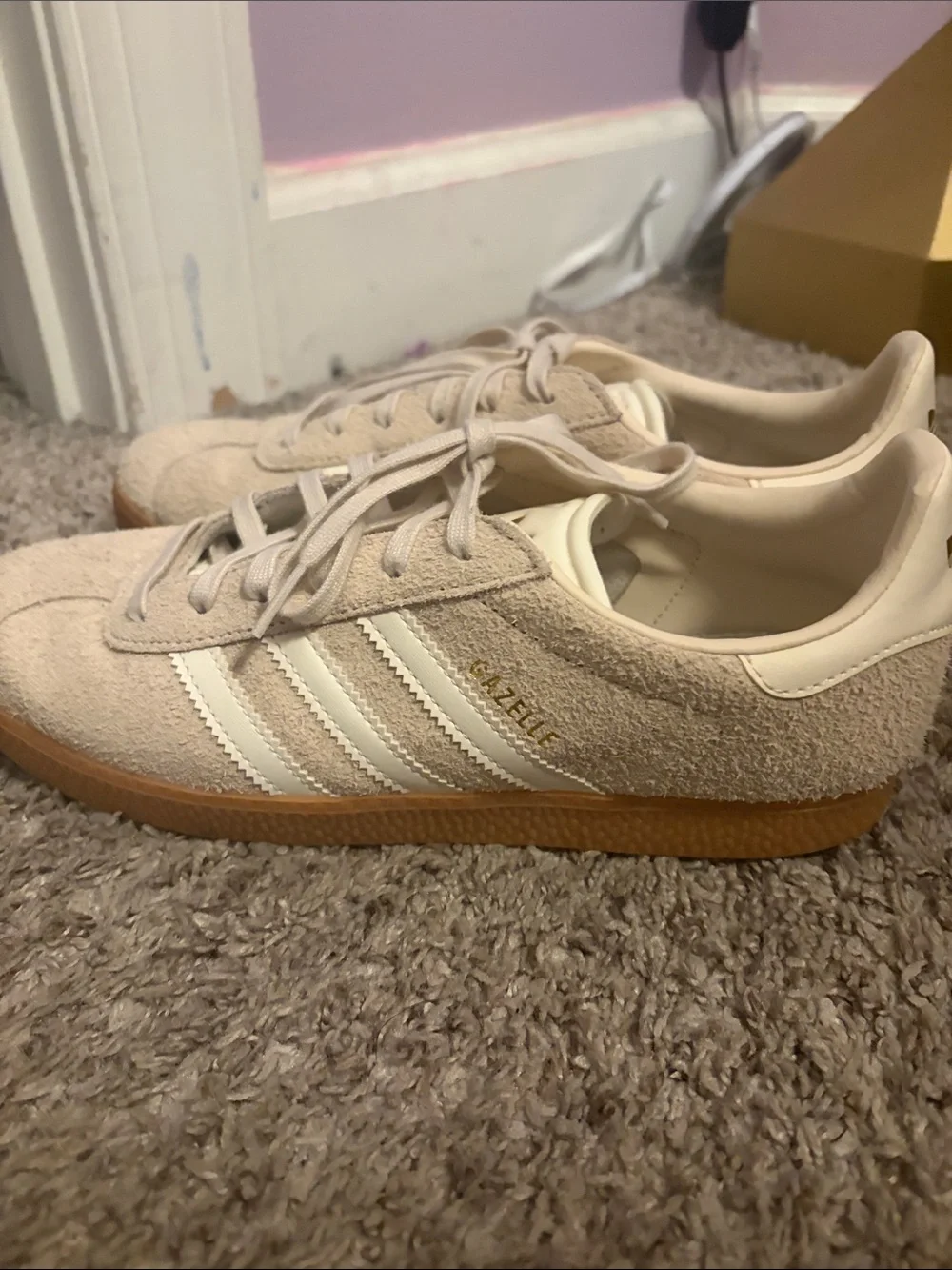 adidas Women's Suede Sneakers in Light Beige with White Stripes